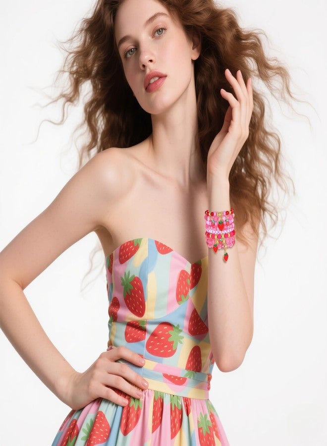 VOGUEKNOCK Strawberry Bracelet for Women Crystal Heishi Beaded Stretchy Bracelet Stackable Strawberry Cake Friendship Bracelets Party Favors Accessories - Image 2