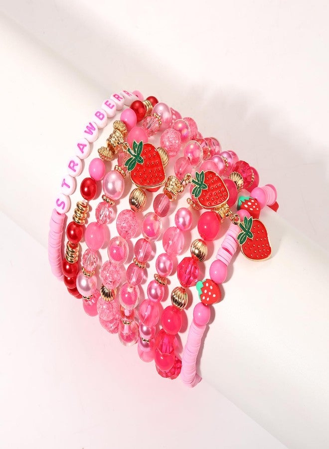 VOGUEKNOCK Strawberry Bracelet for Women Crystal Heishi Beaded Stretchy Bracelet Stackable Strawberry Cake Friendship Bracelets Party Favors Accessories - Image 5