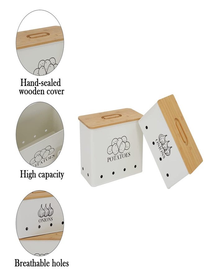 Xbopetda Potato Onion Storage Box, Food Container Sets, Storage Canisters for Vegeatables, Set of 2 Jars Pots Containers, Potato & Onion Bin with Aerating Tin Storage Holes & Bamboo Lid-White - Image 2