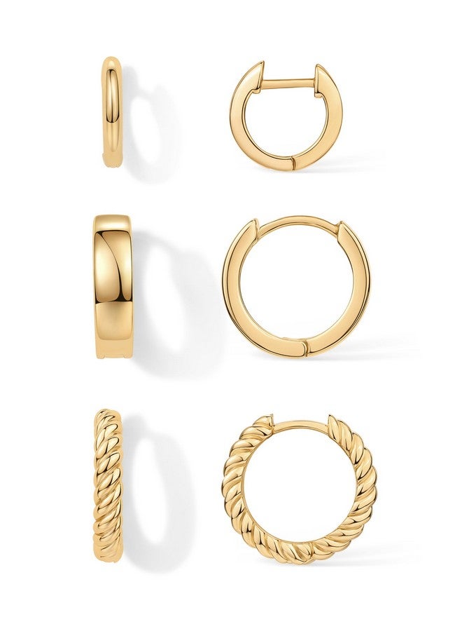 PAVOI 18K Yellow Gold Plated Sterling Silver Posts 4 Pairs Small Hoop Earrings Set | Plain Rope Wide Huggie Hoop Pack Earscape for Women 15mm 14mm 12mm - Image 1