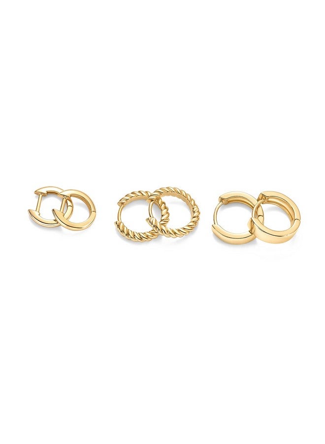 PAVOI 18K Yellow Gold Plated Sterling Silver Posts 4 Pairs Small Hoop Earrings Set | Plain Rope Wide Huggie Hoop Pack Earscape for Women 15mm 14mm 12mm - Image 3