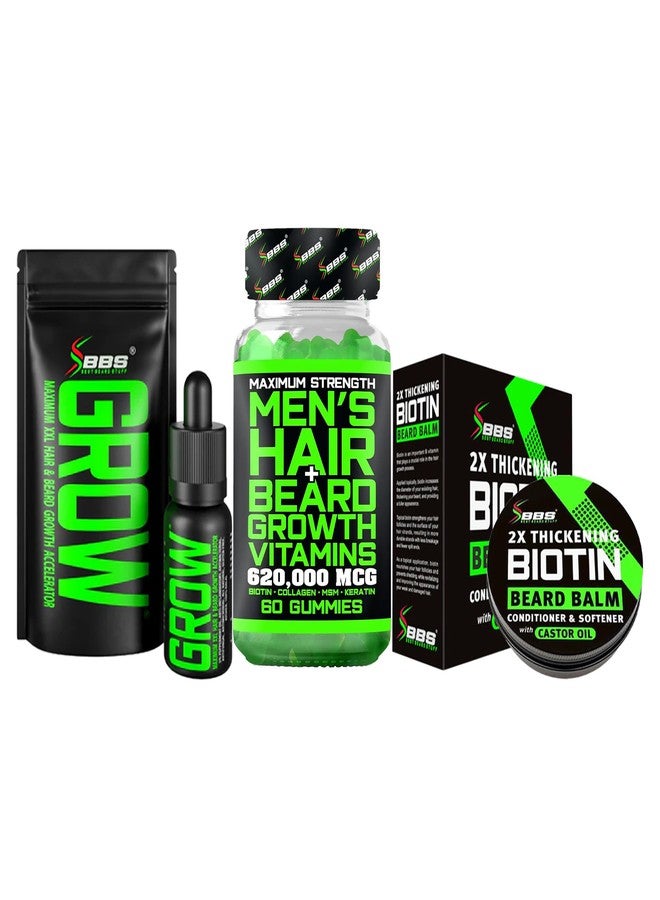 BBS BEST BEARD STUFF Beard Growth Kit for Men w/ 2X Thickening Biotin Beard Balm for Men & Mustache Wax + GROW XXL Mustache Serum + Maximum Strength 620,000mcg Biotin Hair Growth Vitamins - Formulated in the USA - Image 1