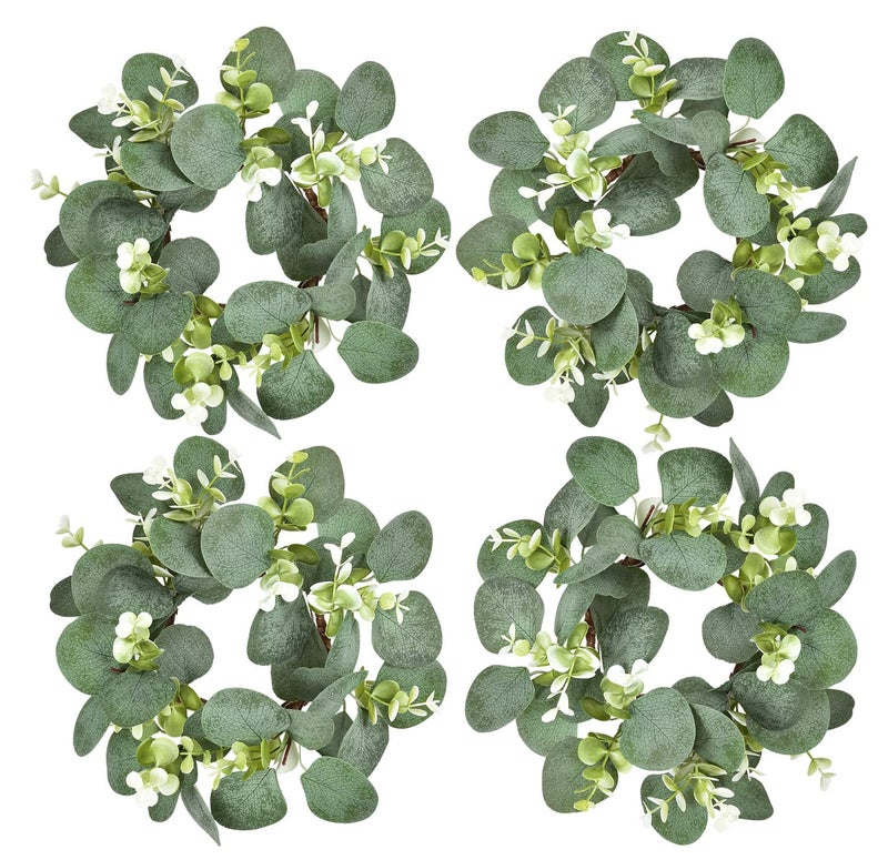 LSKYTOP 4Pcs Eucalyptus Wreath Faux Kitchen Cabinet Wreaths Artificial Greenery Wreath Farmhouse Wreath for Door Wall Window Decor 9InchPC