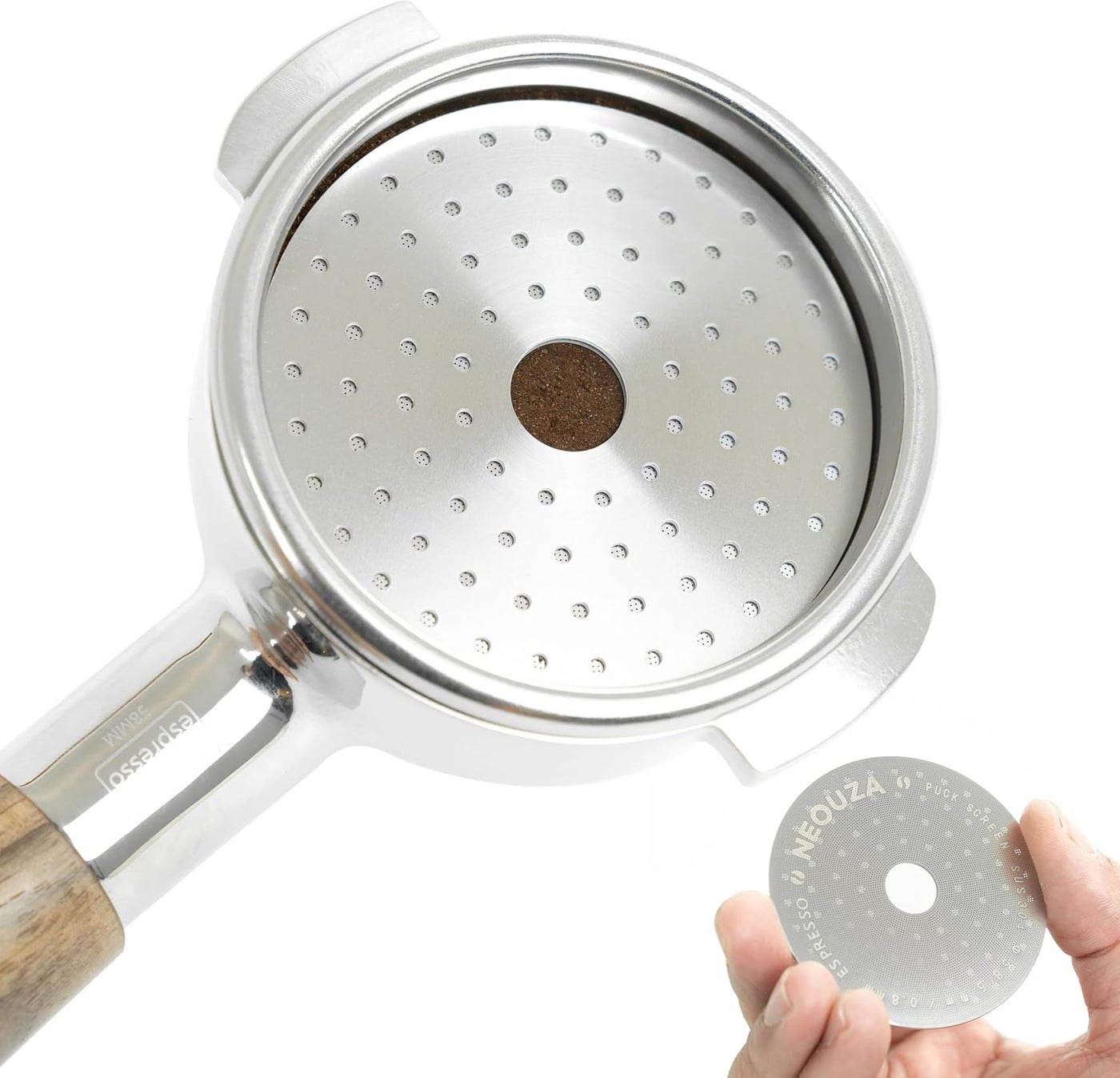 V3 Espresso 58.5mm Puck Screen with Central Hole 0.8mm Thickness Mesh Filter Stainless Steel for Barista Coffee Portafilter Basket