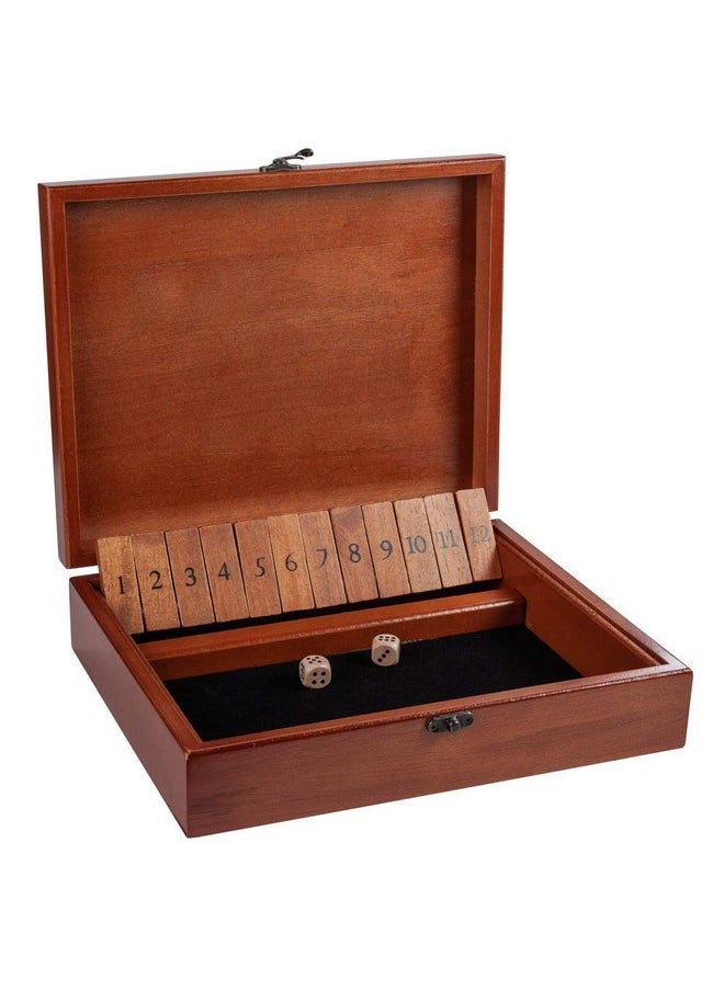 WE Games Shut The Box Game With 12 Numbers In An Old World Styled Wood Box With A Lid And A Brass Latch  - Image 1