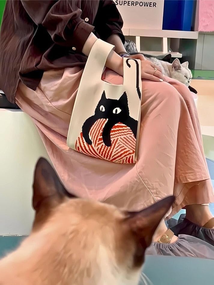 Kawn® Crochet Wrist Handbag for Women Wristlet Handbag Sleeve Knot Pouch Portable knitted breathable lightweight foldable Casual Small Purse Cute Tote Bag For Shopping, Dating, Travel (Black Cat) - Image 3