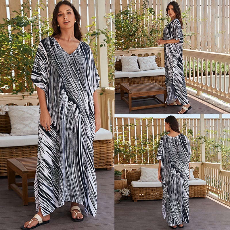 Generic Cross-border European and American rayon tie-dyed beach jumpsuit long dress loose robe bikini swimsuit outer blouse sun protection shirt ZS2277 rayon positioning printing