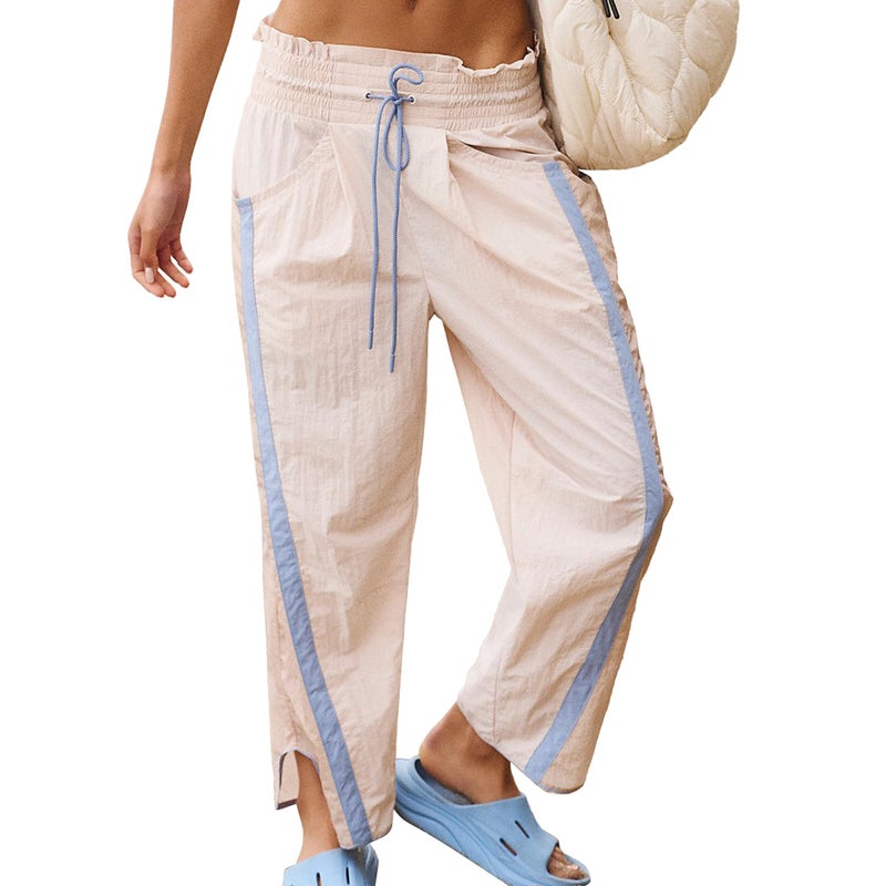 SeeLuNa Causal Wide Leg Pants Woman Drawstring Elastic Waist High Rise Strip Flowy Long Lounge Trousers Baggy Track Pants(Beige,XS) - Image 1