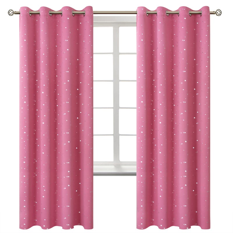 BGment Pink Star Blackout Curtains for Kid 's Bedroom - Grommet Thermal Insulated Room Darkening Printed Curtains for Living Room  Set of 2 Panels  55 x 84 Inch - Image 2