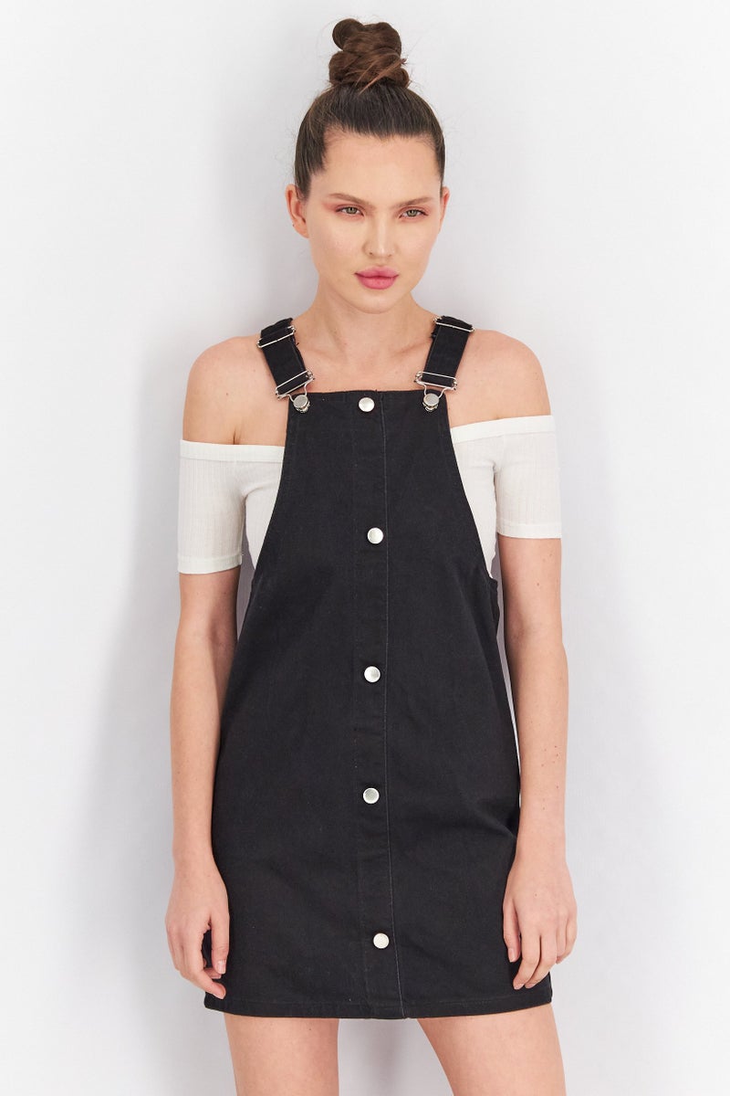 DeFacto Women Solid Denim Sleeveless Mini Dress, Black - Image 1