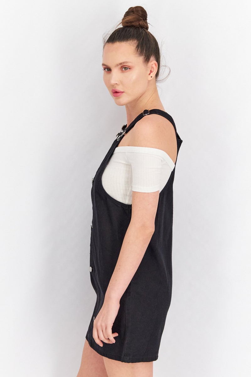 DeFacto Women Solid Denim Sleeveless Mini Dress, Black - Image 3