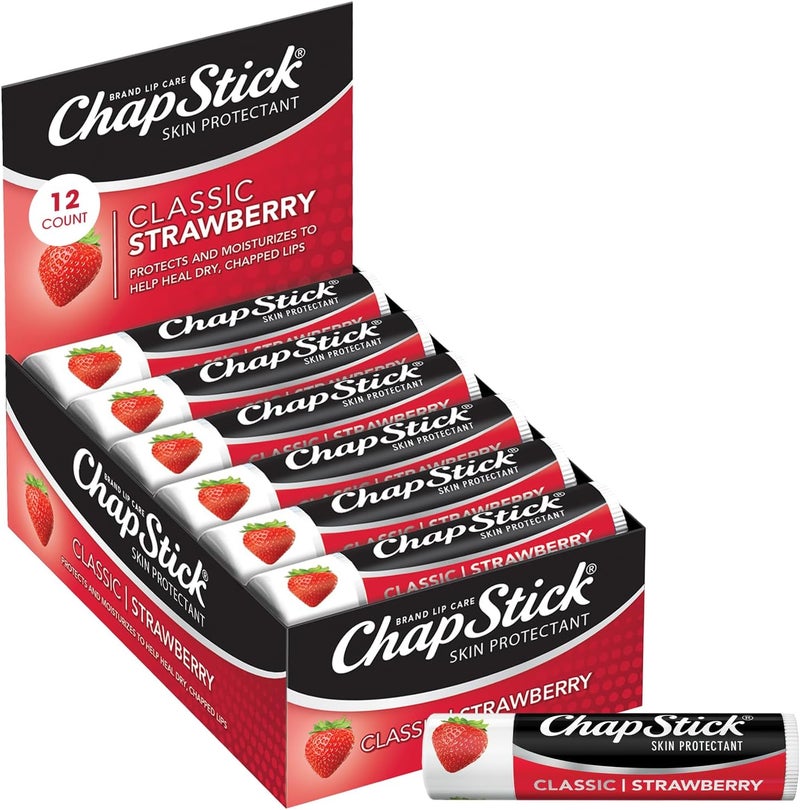 ChapStick Classic Strawberry Flavor Lip Balm - 12 Count Box of Skin Protectant Sticks - Image 1