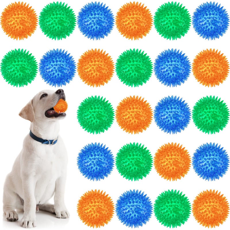 Yunsailing 24 Pack Squeaky Dog Toys Balls 256 Spiky Dog Balls Floating Pool TPR Puppy Fetch Chew Toy for Small Medium Doggy Aggressive Chewers Clean Teeth TrainingBlue Green Orange - Image 2