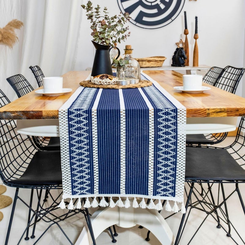 ELEGANTE HOME Navy Blue Table Runner Boho Style 14 x 60 Inch Farmhouse Stripe Runner for Coffee Table Thanksgiving Christmas Handcrafted Woven Cotton Blue Spring Runner for Table Dining Room Decor