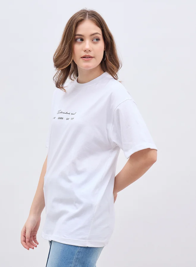 Styli Slogan Print Short Sleeve Oversized T-Shirt