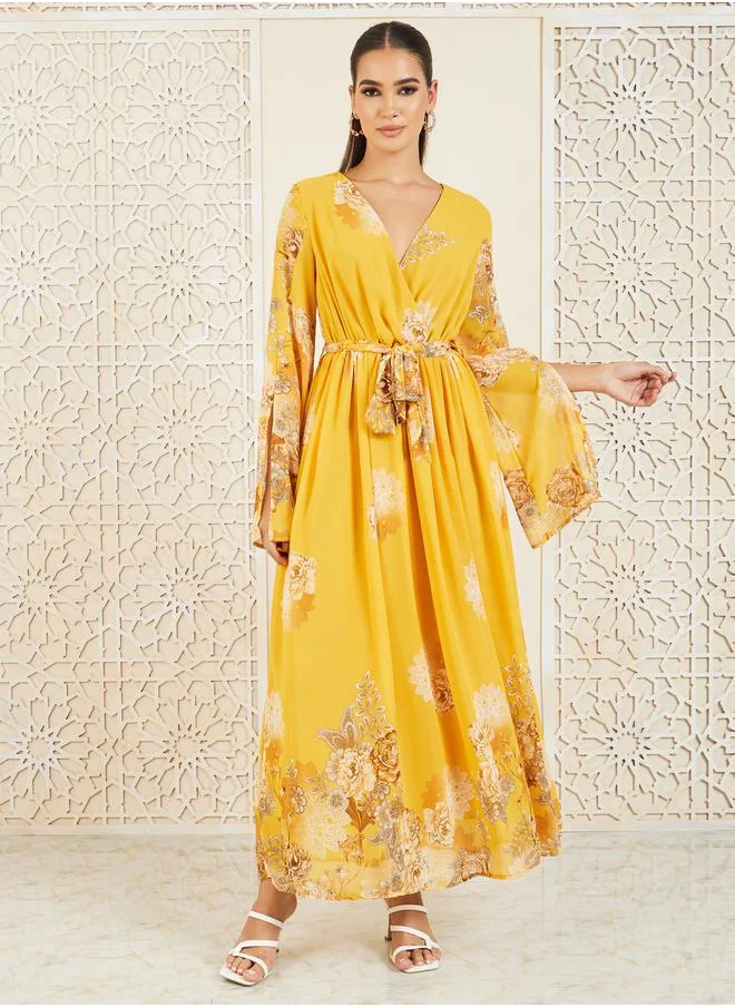 Styli Floral Print Self Tie Up A-Line Wrap Maxi Dress