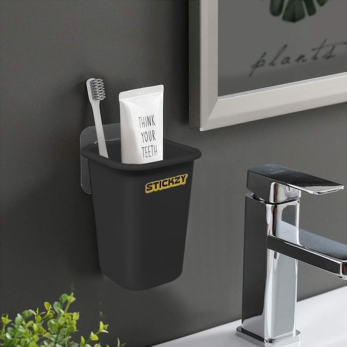 PLASTIC 1PC TOOTHBRUSH HOLDER WITH MAGIC STICKERS WATERPROOF WALL MOUNTED STAND FOR TOOTHPASTE COMB BRUSH LOTION KIDS BATHROOM EZ004 BLACK DIMENSION11 86 6 CM