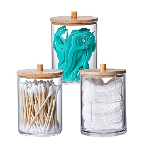 MKLZ 3 Pcs Qtip Holder and Cotton Round Pad Dispenser with Bamboo Lid, Small Clear Acrylic Containers for Cotton Swab/ball, Apothecary Jars Set for Bathroom/Restroom/Vanity/Makeup Storage Organizer - Image 1