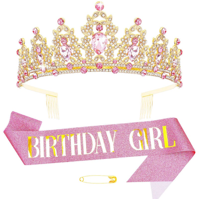 Didder Pink and Gold Birthday Sash and Crown for Women Girls Birthday Girl Sash and Tiara Princess Birthday Party Decorations Headpiece Crown Headband for Girls