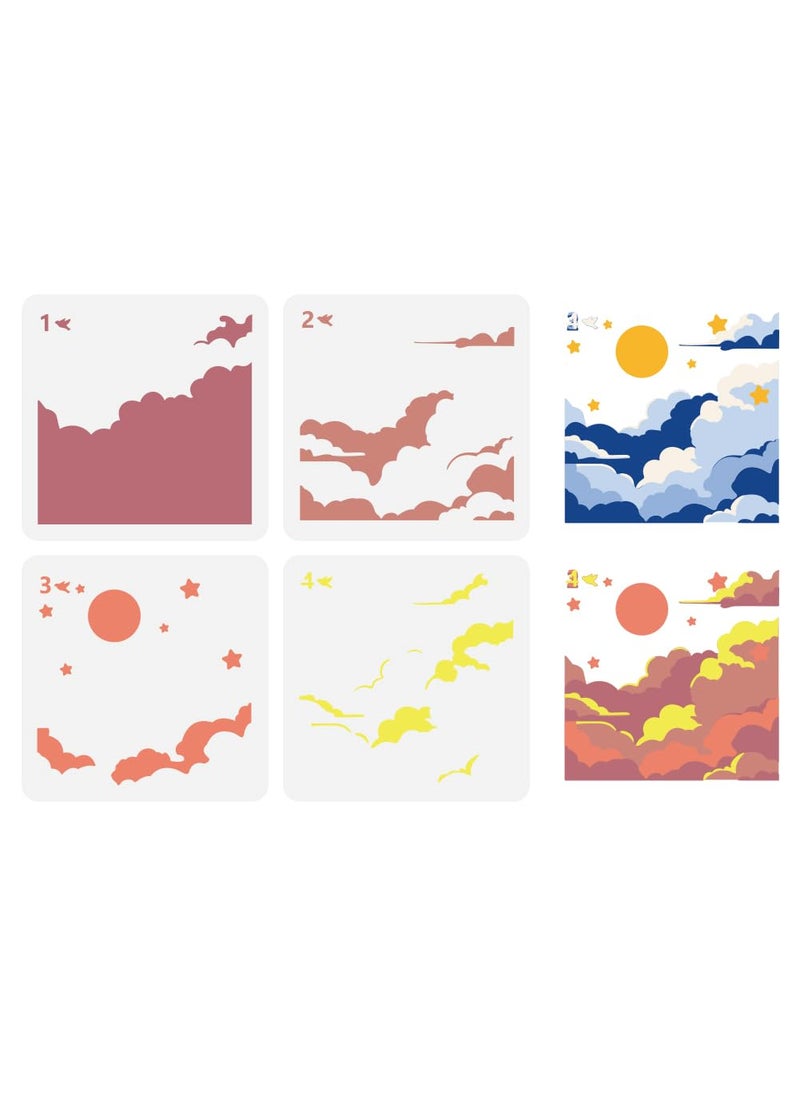 FINGERINSPIRE FINGERINSPIRE 4 Pcs Layered Clouds Painting Stencil 4 Styles 5.9x5.9" PET Clouds Sun Star Pattern Spraying Stencils Reusable Sky View Drawing Stencil Fantasy Themes Decor Template for Wood Floor Wall  - Image 1