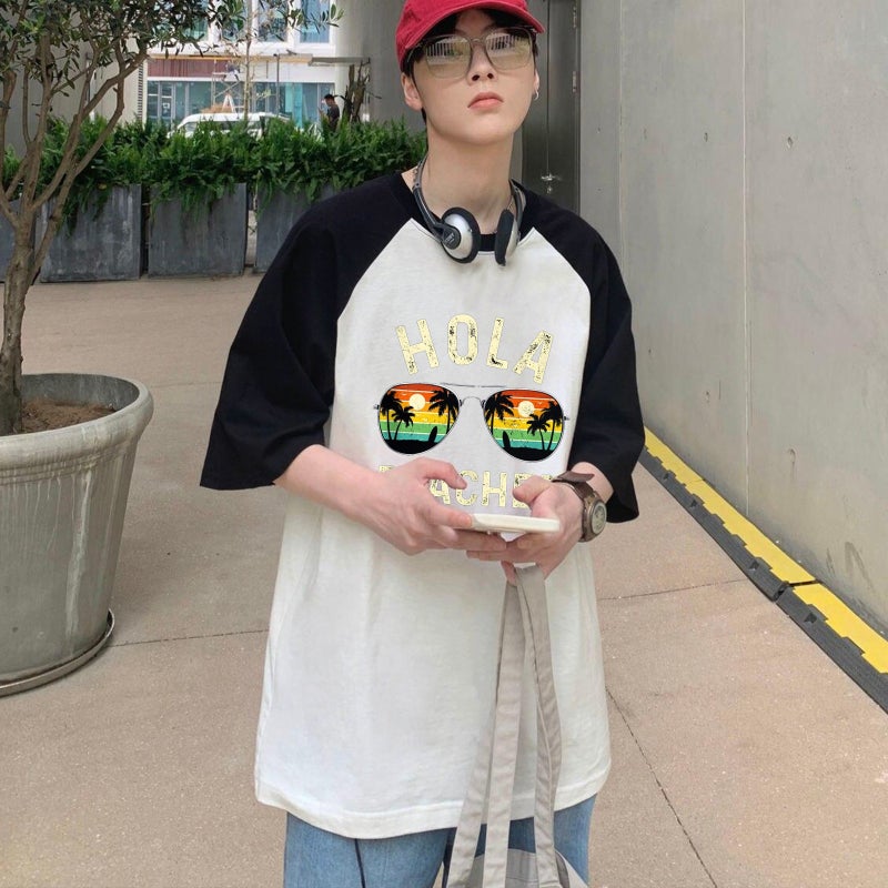 2023 independence day men's Raglan short sleeve letter summer coconut tree 3/4 sleeve Raglan round neck short sleeve t-shirt - Image 3