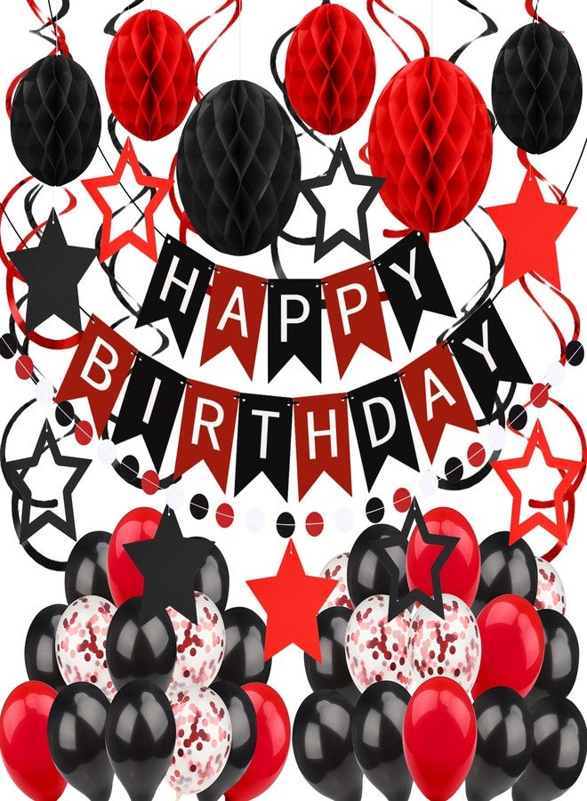 ZERODECO Black Red Birthday Decorations, Happy Birthday Banner with Honeycomb Ball, Hanging Swirl Streamer, Garland, Balloon Happy Birthday Party Decorations for Women Men Boys Girls - Image 1