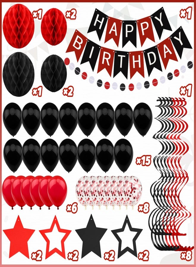ZERODECO Black Red Birthday Decorations, Happy Birthday Banner with Honeycomb Ball, Hanging Swirl Streamer, Garland, Balloon Happy Birthday Party Decorations for Women Men Boys Girls - Image 2