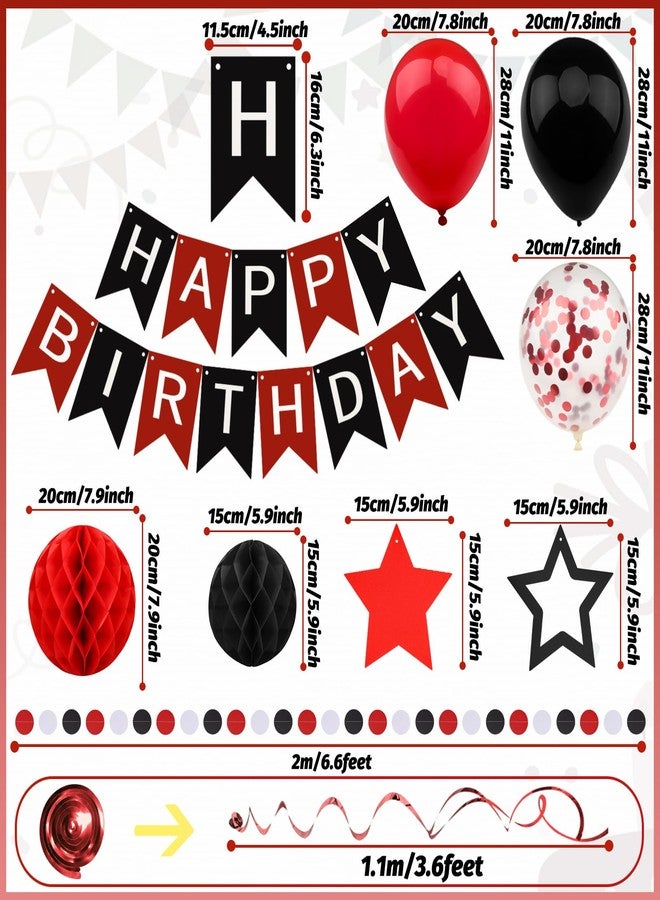 ZERODECO Black Red Birthday Decorations, Happy Birthday Banner with Honeycomb Ball, Hanging Swirl Streamer, Garland, Balloon Happy Birthday Party Decorations for Women Men Boys Girls - Image 3