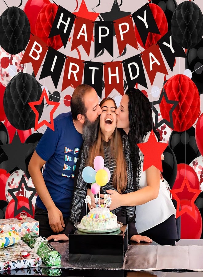 ZERODECO Black Red Birthday Decorations, Happy Birthday Banner with Honeycomb Ball, Hanging Swirl Streamer, Garland, Balloon Happy Birthday Party Decorations for Women Men Boys Girls - Image 4