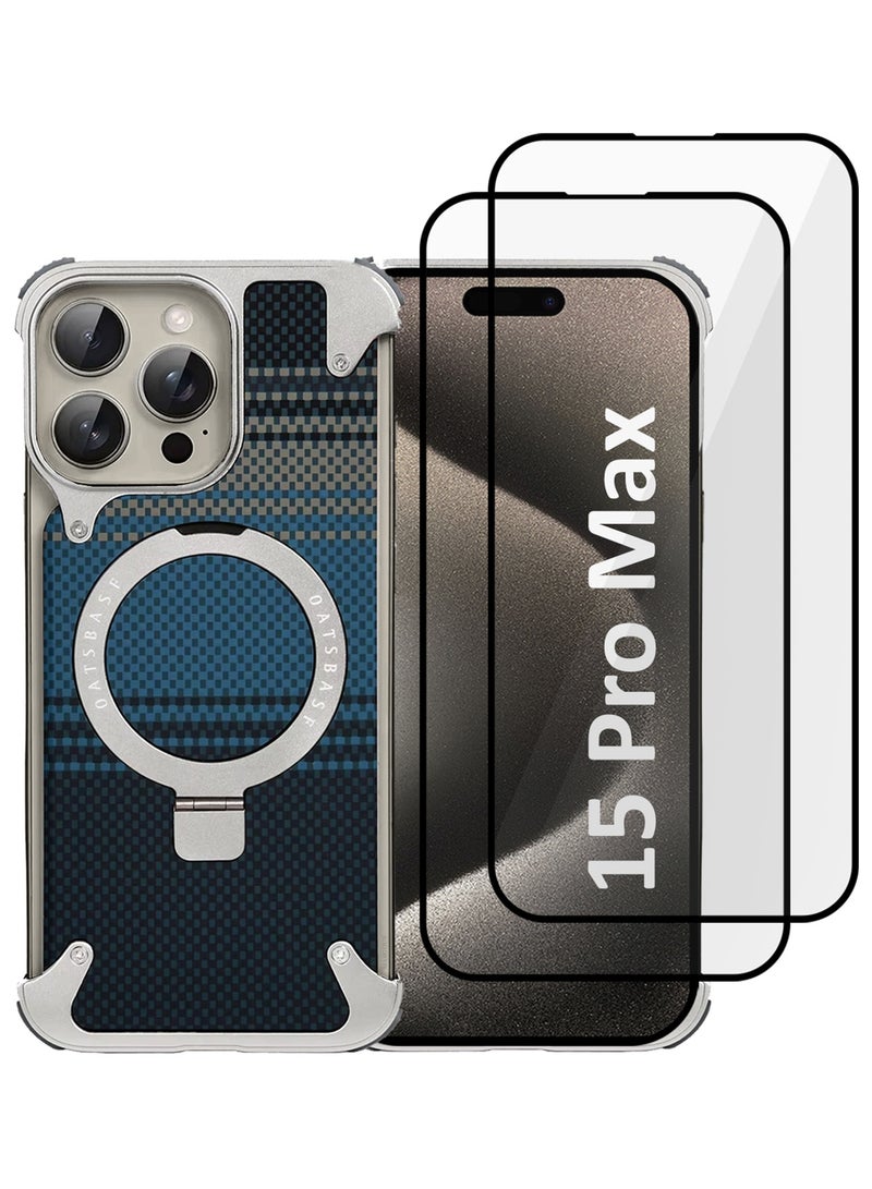 3Packs Case Cover for iPhone 15 Pro Max, Magnetic Ring Stand, Carbon Fiber Texture, Shockproof Armor, MagSafe Compatible with Two Screen Protectors - Blue - Image 1