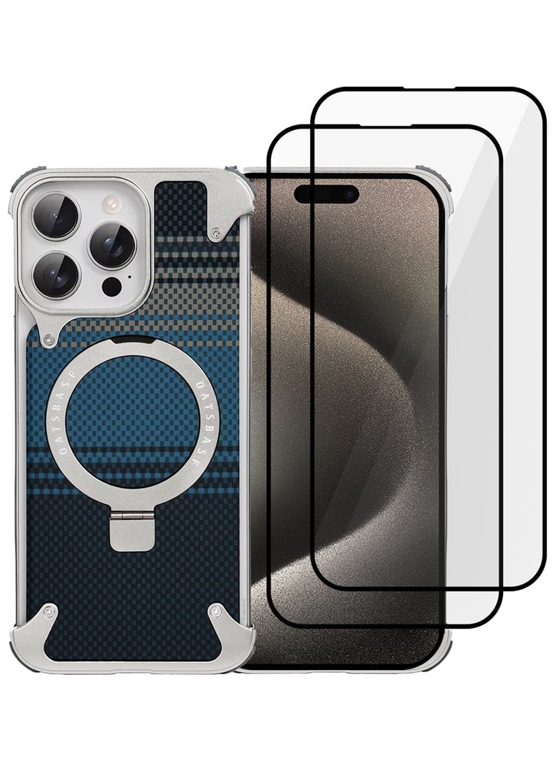 3Packs Case Cover for iPhone 15 Pro Max, Magnetic Ring Stand, Carbon Fiber Texture, Shockproof Armor, MagSafe Compatible with Two Screen Protectors - Blue - Image 2