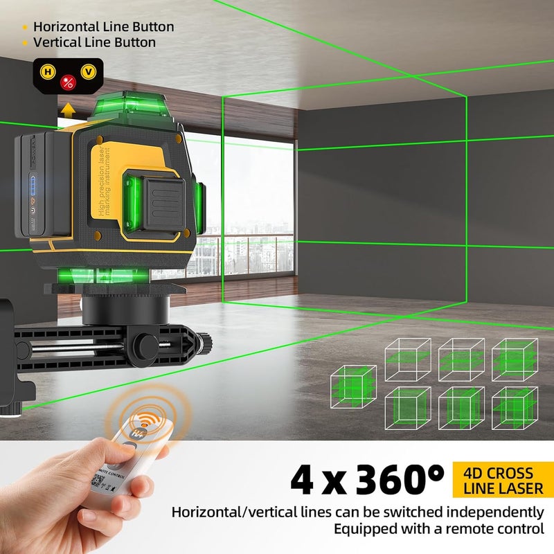 Tomahawk ® HPE-6066 مستوى ليزر أخضر 16 خط احترافي، 4x360° 4D خط عرض ليزر أخضر للبناء، وضع نبض مستوى عمودي/أفقي 360° وجهاز تحكم عن بعد - Image 3