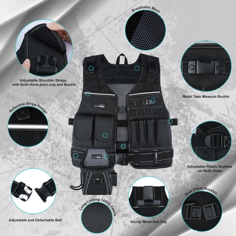MELOTOUGH Tool Vest for Men with Pouches and Belt, Adjustable Multi-Pocket Safety Tool Vest with Reflective Strips for Carpenter, Electrician, Construction, Plumber (Black) - Image 2