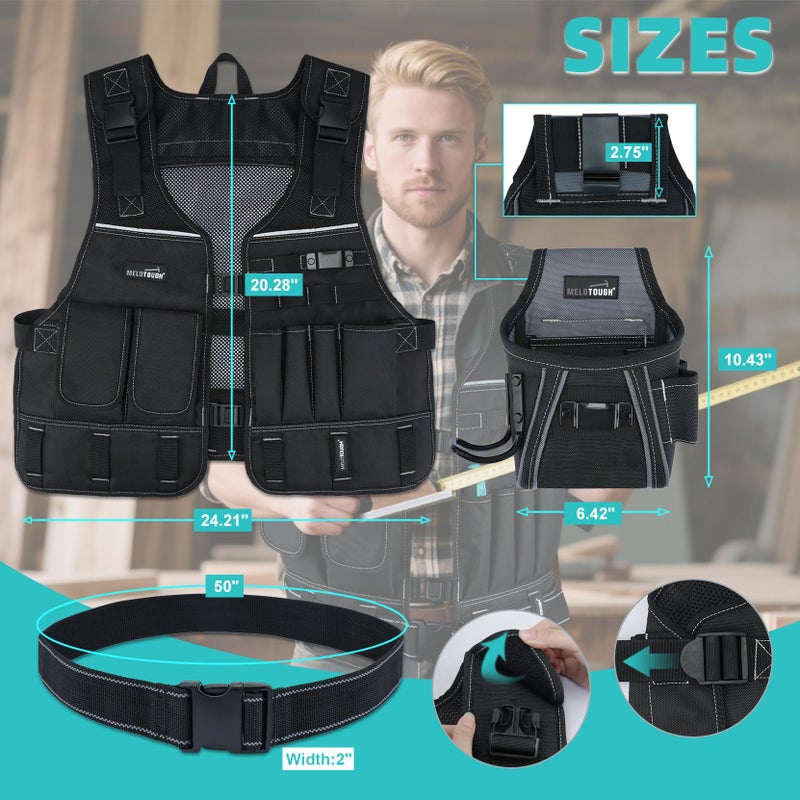 MELOTOUGH Tool Vest for Men with Pouches and Belt, Adjustable Multi-Pocket Safety Tool Vest with Reflective Strips for Carpenter, Electrician, Construction, Plumber (Black) - Image 3