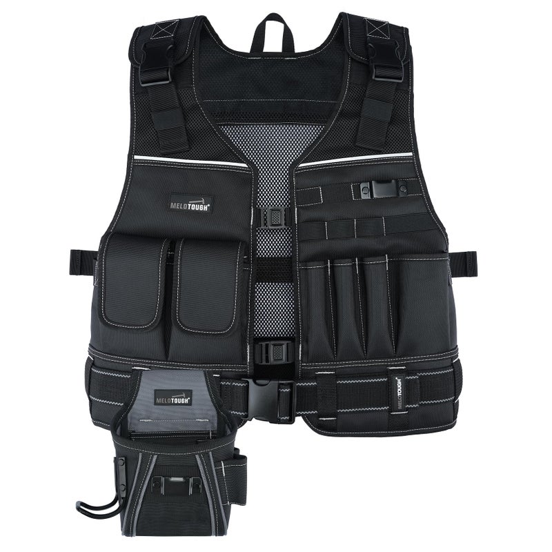MELOTOUGH Tool Vest for Men with Pouches and Belt, Adjustable Multi-Pocket Safety Tool Vest with Reflective Strips for Carpenter, Electrician, Construction, Plumber (Black) - Image 1