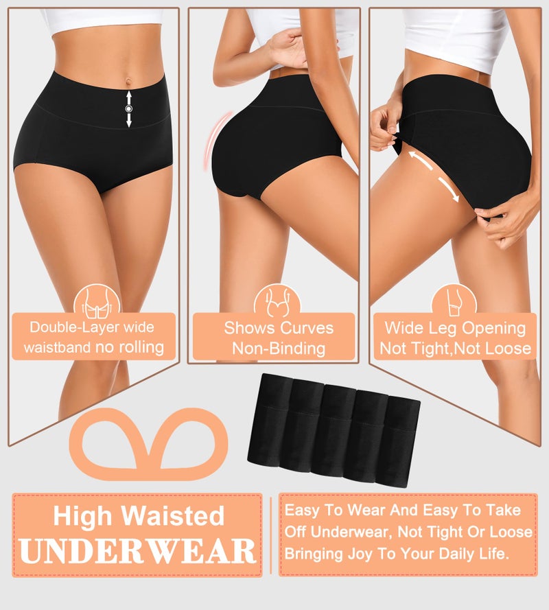 MISSWHO Underwear Women Cotton Stretchy Soft Panties FULL Coverage Comfortable Black Briefs For Ladies 5 Packs Medium - Image 2
