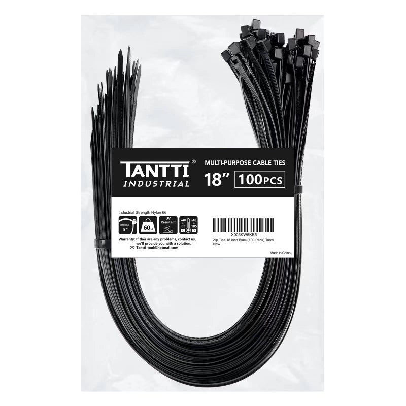 TANTTI Zip Ties 18 Inch (100 Pack)  Black  60Lb Tensile Strength  Uv Resistant Cable Ties For Indoor And Outdoor Use  By Tantti Supply - Image 1