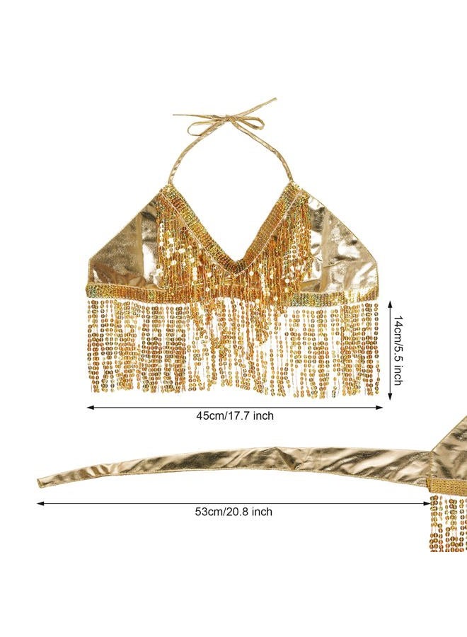 SUMERSHA Women's Belly Dance Crop Top Sequin Bra Tassel Top Festival Halter Tank Top Club Wear Rave Party Sparkly Costume Top, Gold, M - Image 4