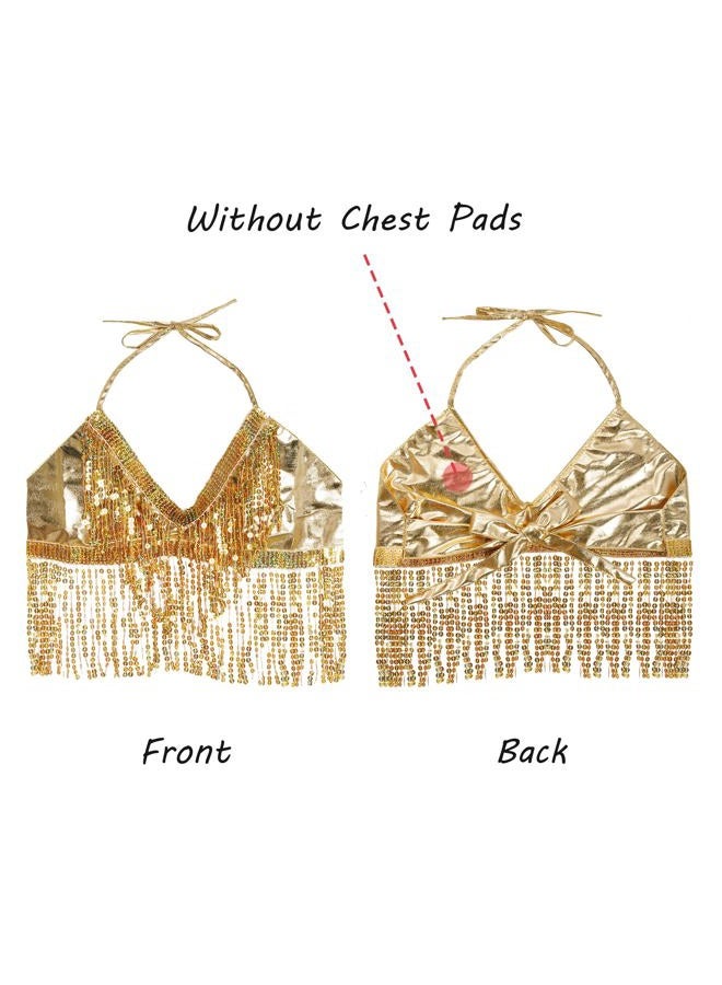 SUMERSHA Women's Belly Dance Crop Top Sequin Bra Tassel Top Festival Halter Tank Top Club Wear Rave Party Sparkly Costume Top, Gold, M - Image 5