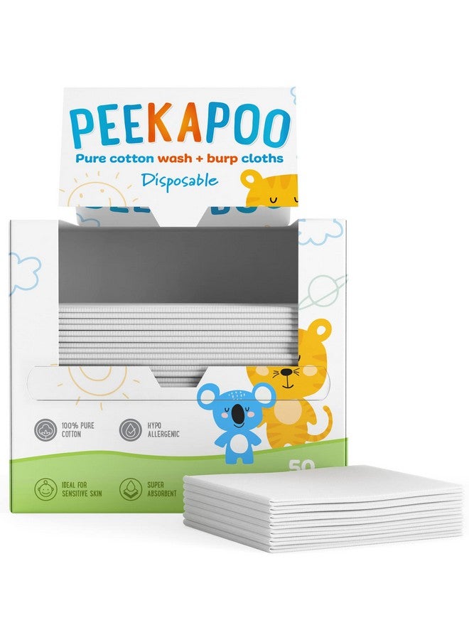 Peekapoo - Disposable Cotton Wash Cloths (50 Pack), Biodegradable, Soft, Thick, Baby Burp Cloths, Unscented, Hypoallergenic Burping Cloth, Sensitive Skin - Image 1