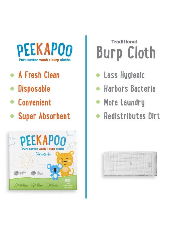 Peekapoo - Disposable Cotton Wash Cloths (50 Pack), Biodegradable, Soft, Thick, Baby Burp Cloths, Unscented, Hypoallergenic Burping Cloth, Sensitive Skin - Image 4
