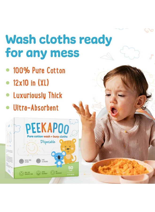 Peekapoo - Disposable Cotton Wash Cloths (50 Pack), Biodegradable, Soft, Thick, Baby Burp Cloths, Unscented, Hypoallergenic Burping Cloth, Sensitive Skin - Image 3