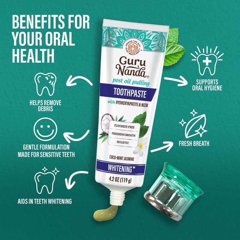 GuruNanda معجون أسنان جورو ناندا هيدروكسيباتيت، خالي من SLS والفلورايد، معجون أسنان مبيض - ينعش النفس، يحارب البلاك - نكهة جوز الهند والنعناع والياسمين والنييم، 4.2 أونصة - Image 4