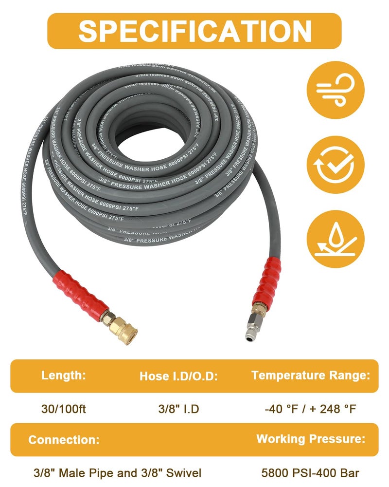 OCPTY خرطوم غسالة ضغط الماء الساخن OCPTY 3/8" × 100 قدم 6000 psi غير ملون 2-ضفيرة رمادي - Image 3