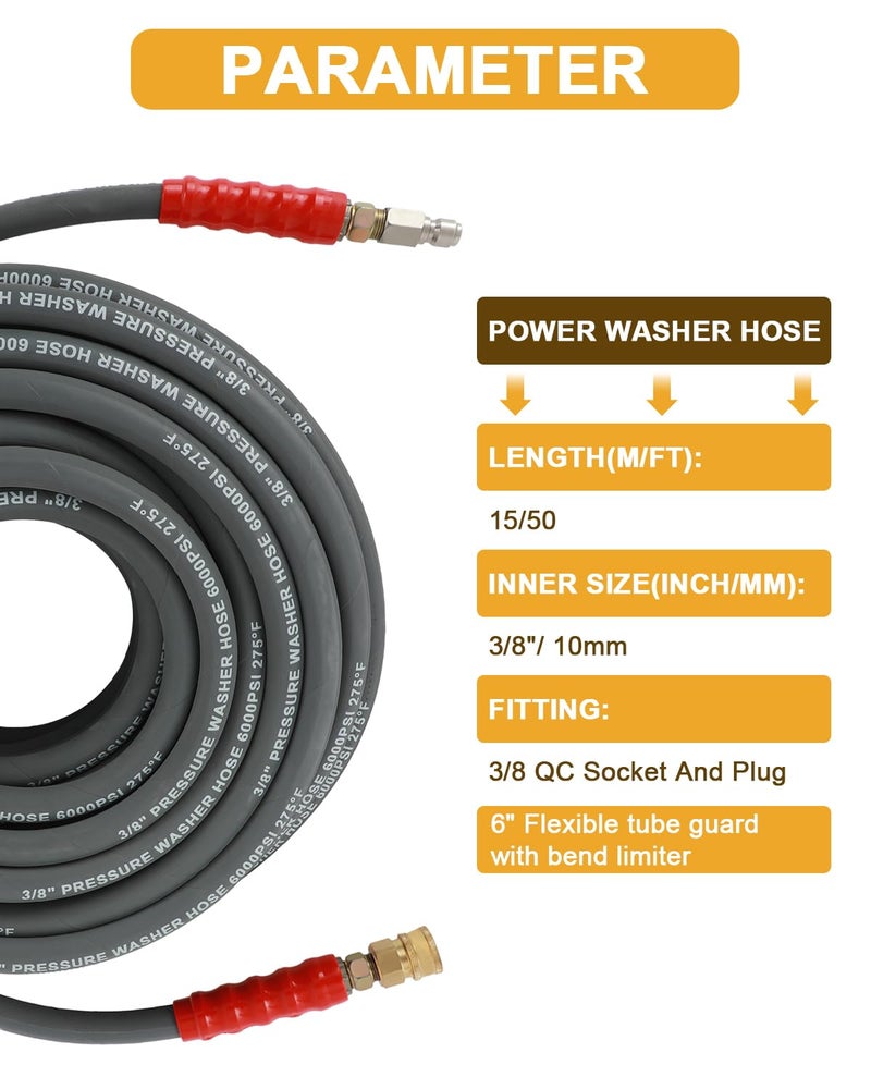 OCPTY خرطوم غسالة ضغط الماء الساخن OCPTY 3/8" × 100 قدم 6000 psi غير ملون 2-ضفيرة رمادي - Image 4