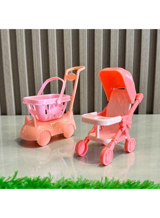 1 Piece Pink White Doll House Toy Stroller With Wheels Grip Storage Basket - Image 5