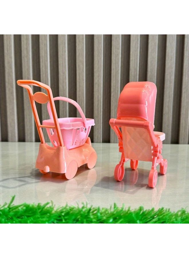 1 Piece Pink White Doll House Toy Stroller With Wheels Grip Storage Basket - Image 4
