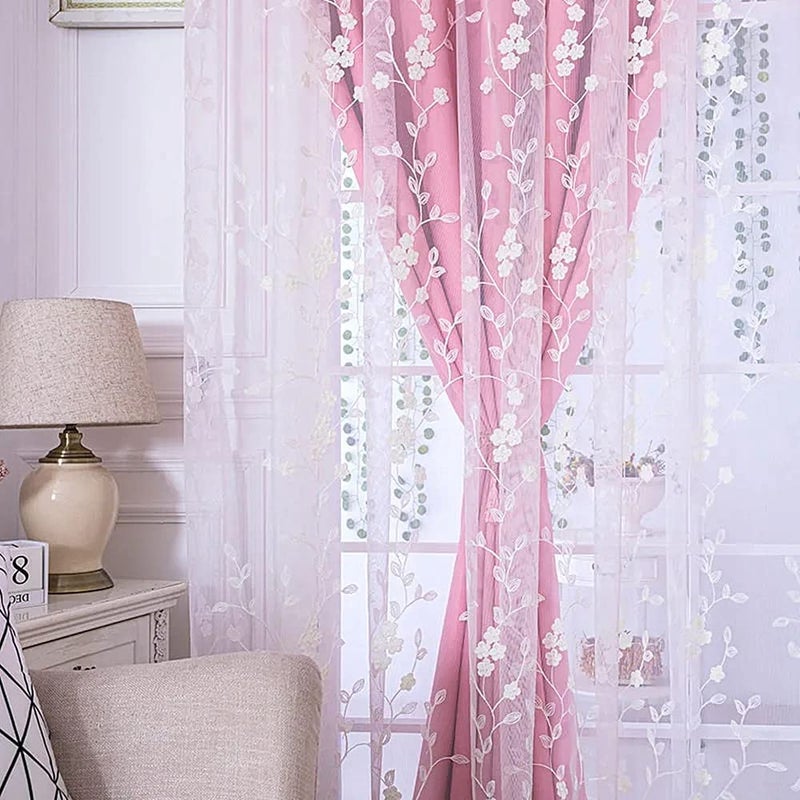 Amidoudou 1 Pair Double Layer Flower Curtains for Girls Room Living Room Pastoral Flowers and Leaf Embroidered Curtains for Bedroom (Pink,54x84 Inch) - Image 4