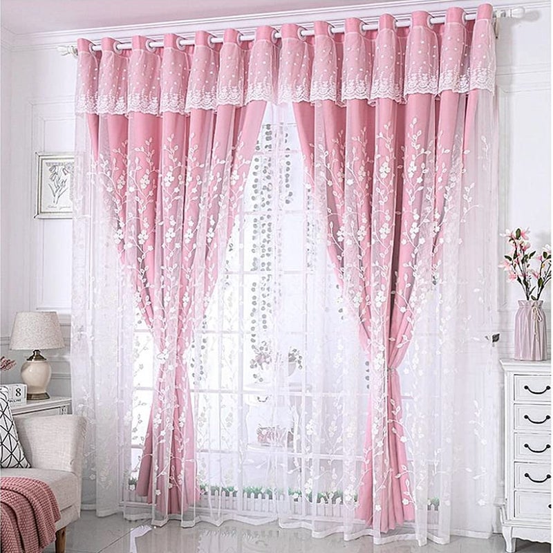 Amidoudou 1 Pair Double Layer Flower Curtains for Girls Room Living Room Pastoral Flowers and Leaf Embroidered Curtains for Bedroom (Pink,54x84 Inch) - Image 1