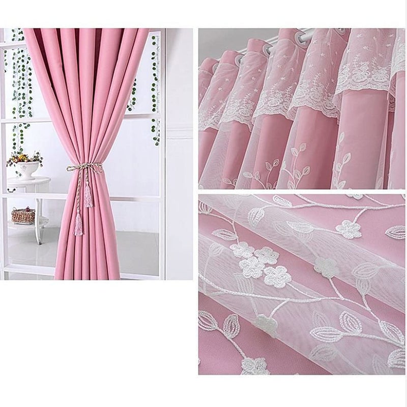 Amidoudou 1 Pair Double Layer Flower Curtains for Girls Room Living Room Pastoral Flowers and Leaf Embroidered Curtains for Bedroom (Pink,54x84 Inch) - Image 5